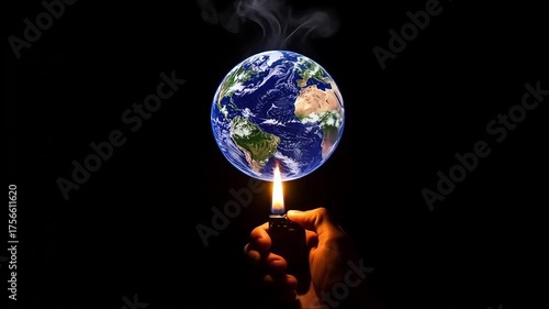 A hand holding a lighter igniting the Earth, symbolizing global warming and environmental crisis with a dramatic fiery glow against a dark background