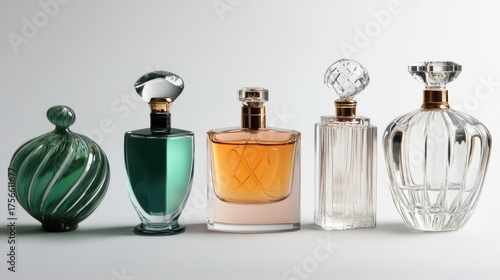 Elegant perfume bottles arranged on a white background; decorative glass and crystal; luxury presentation
