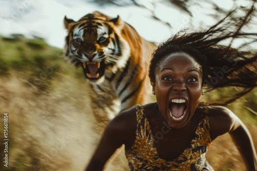 Tiger chasing a woman running away