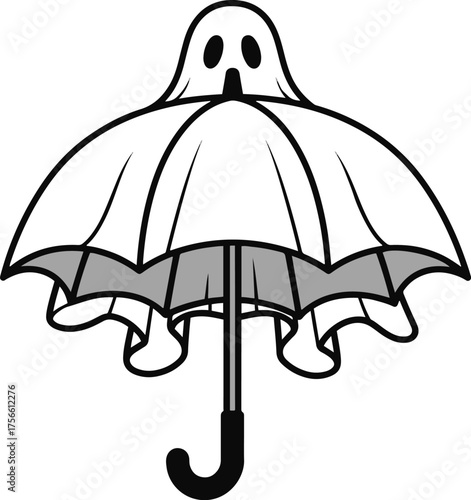 A playful, cartoon-style umbrella transformed into a ghost, with a simple white sheet-like canopy and two black oval eyes.