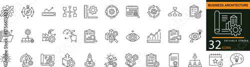 Minimal Business Architecture Line Icon Set 30 Outline Symbols for Strategy, Planning, and Structure Design