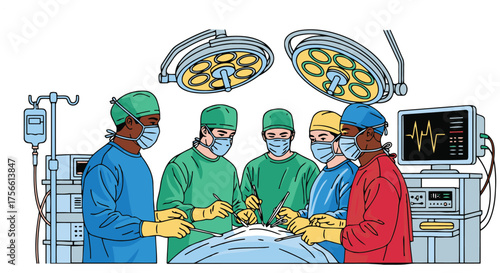 Surgical team performing operation under bright lights