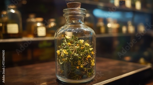 Dried flowers in glass bottle on dark wooden shelf, antique apothecary display