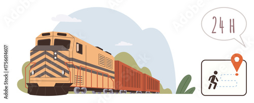 Freight train moving with cargo, surrounded by greenery and clouds. Notification bubble highlights tracking and 24-hour availability. Ideal for logistics, transportation, supply chain, punctuality