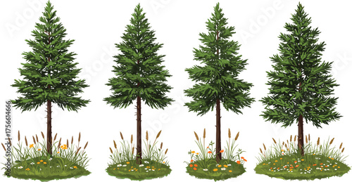 PrintBeautiful evergreen pine trees with green foliage and grass field, natural forest landscape illustration, realistic conifer trees isolated vector