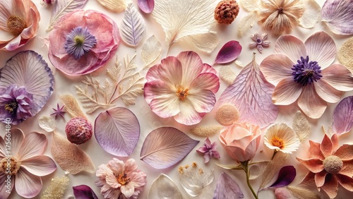 Pastel Floral Arrangement Featuring Delicate Petals, Leaves, and Blooms in Soft Hues