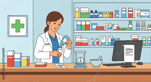 Pharmacist preparing medication at a pharmacy counter with shelves of medicine