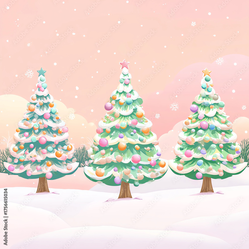 Fototapeta premium Three trees with snow on them and a star on top