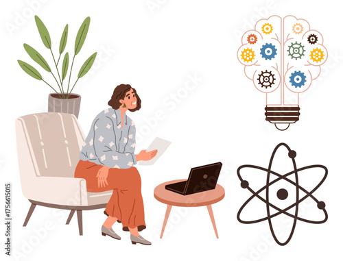 Woman sitting with laptop and document, gears inside lightbulb representing ideas, and atomic symbol. Ideal for creativity, innovation, brainstorming, education, science, technology research simple