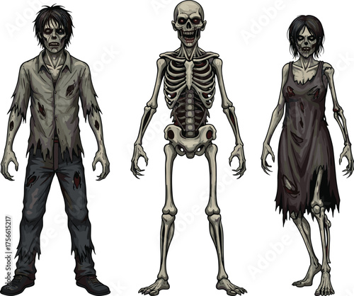 PrintCartoon zombies and skeleton illustration, creepy undead characters in tattered clothes, spooky Halloween monsters for horror design, posters, comics, games