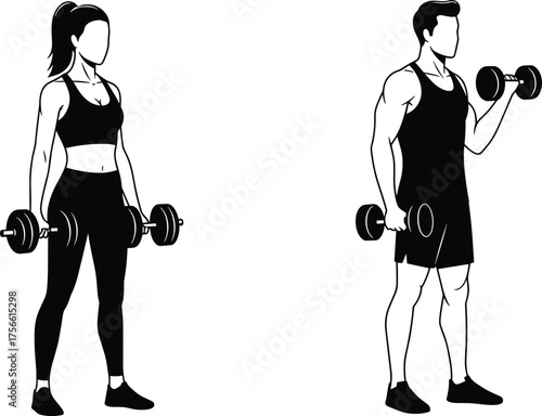 Fitness training, strength workout, dumbbell exercise, bicep curl, deadlift posture, gym routine, athletic wear, muscle building, healthy lifestyle, weightlifting form, personal fitness