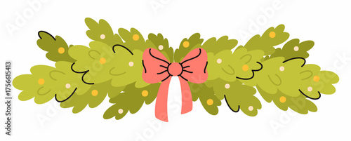 Cute festive wreath with a bow. Flat vector illustration.