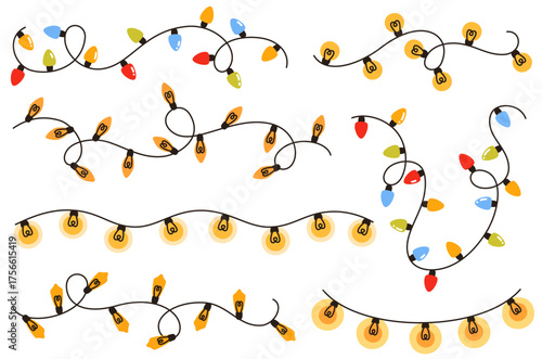 Set of festive garlands. Elements of Christmas and holiday. Flat vector illustration.