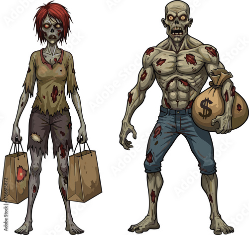 PrintCreepy zombie couple illustration, undead characters artwork, horror monster design, spooky Halloween art, scary cartoon zombies, dark fantasy undead people, terrifying concept