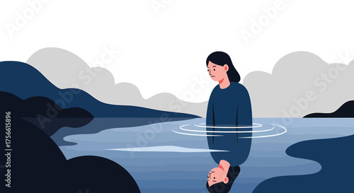 Pensive woman stands at the edge of a tranquil lake, gazing at her reflection in the water, contemplating her inner thoughts and emotions in a serene atmosphere.