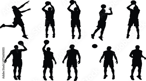 Basketball player silhouette set showing athletic poses for shooting, dribbling, jumping, dunking, training, motion, sports action and technique