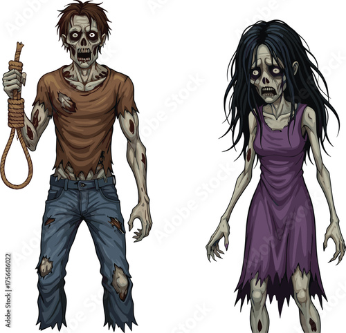 PrintCreepy zombies, undead couple illustration, horror concept art, scary monster design, Halloween characters, spooky undead man and woman, terrifying creatures artwork