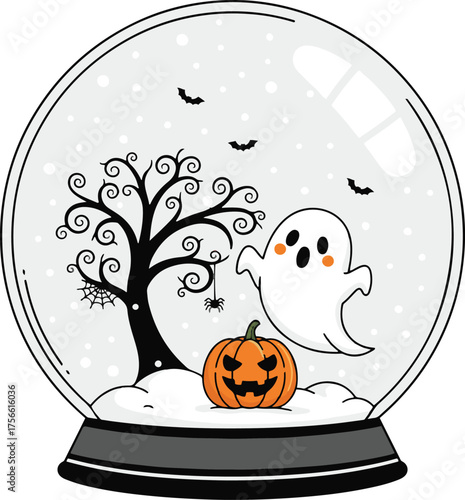  A charmingly spooky minimalist Halloween snow globe scene featuring a cute ghost, a grinning jack-o'-lantern, a gnarled tree with a spiderweb, and tiny bats, all in a clean, 