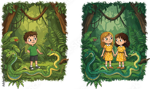 PrintCurious children exploring jungle with friendly snakes, cartoon adventure illustration, rainforest wildlife education, nature discovery and friendship scene for kids