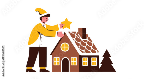 Man in yellow jacket places star on gingerbread house during christmas celebration at home, creating a festive and joyful atmosphere.