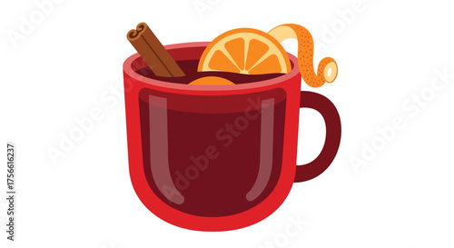 Steaming mug of mulled wine sits on a table, garnished with orange and cinnamon, creating a cozy and festive atmosphere during the holiday season.