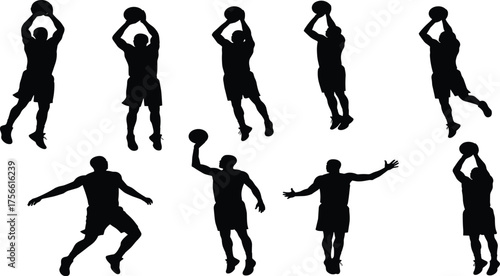 Basketball player silhouette set showing dynamic poses for dribbling, shooting, jumping, passing, dunking, sports training and athletic motion