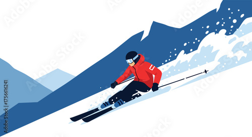 Skier speeding downhill on snowy mountain slope during winter, enjoying the thrill of extreme sport and freedom in the cold weather.