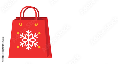 Red shopping bag with snowflake pattern sits isolated on white, representing holiday gift giving and seasonal sales, creating a festive atmosphere.