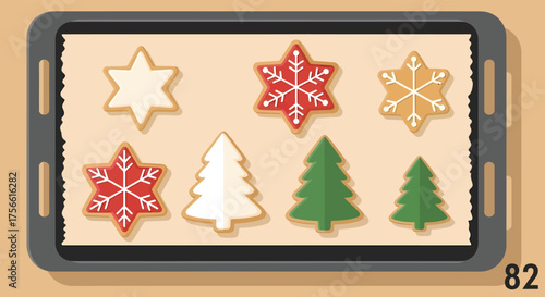 Christmas cookies baking on a sheet pan, decorated with snowflakes and tree shapes for festive holiday treats, creating a cheerful and cozy atmosphere.