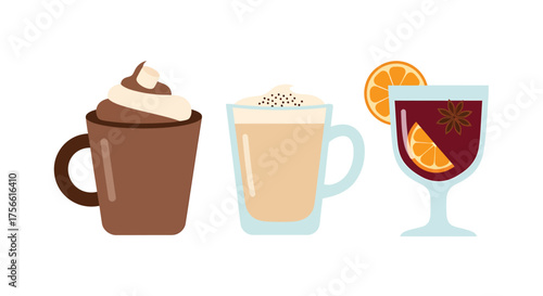 Various hot drinks sit sidebyside on a white surface, including a mocha, latte, and mulled wine, creating a cozy and inviting atmosphere for a winter holiday season.