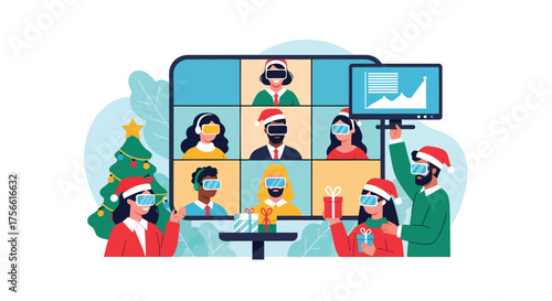People celebrating christmas virtually through video call, wearing santa hats and exchanging gifts, creating a festive and modern holiday scene.
