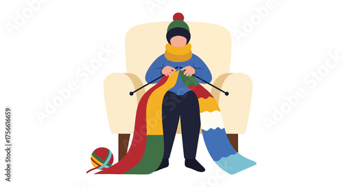 Person knitting a colorful scarf while sitting in a cozy armchair during a cold winter day, enjoying a relaxing hobby indoors.