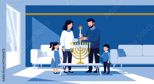 Family lights menorah together in living room during Hanukkah celebration, creating a warm and festive atmosphere filled with love and tradition.