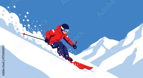 Skier descends snowy mountain slope during winter, showcasing speed and skill against a backdrop of majestic peaks, creating a sense of adventure and exhilaration.