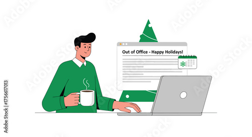 Smiling man working on laptop with out of office message and christmas tree on screen during holiday season at home, feeling relaxed and festive.