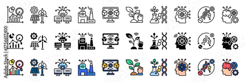 Set Of Predictive Analytic icon collection. with Outline, Glyph and Flat Line style. Containing Smart Grid, Edge Computing, Smart Factory, Digital Twin, Precision Agriculture.