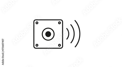 Square speaker emitting sound waves, audio equipment for listening to music and podcasts simple line art icon of a loudspeaker