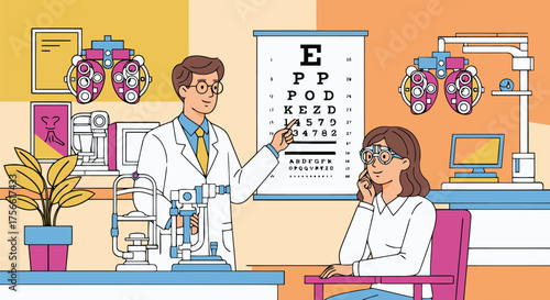 Optometrist examines patient using eye chart and equipment