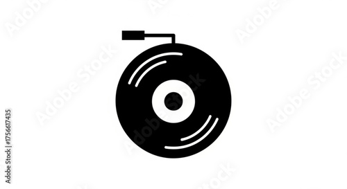 Minimalist black and white vector illustration of a vinyl record on a turntable, perfect for music and entertainment themes