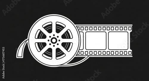 Film reel and film strip icon on, representing the world of cinema, filmmaking, and the art of storytelling through moving images