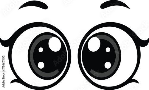 A pair of large, expressive monochrome cartoon eyes with subtle eyelashes and arched eyebrows, conveying a cute or inquisitive look, ideal for character design, emoticons, or black and white illustrat