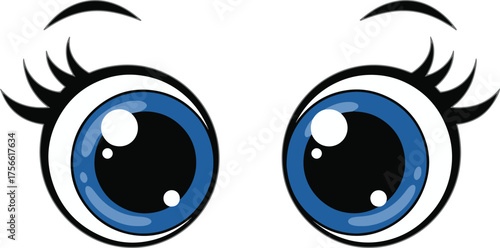 Adorable, wide-eyed blue cartoon eyes with long, feminine lashes and delicate arched eyebrows, perfect for sweet character designs, cute mascots, or charming illustrations.