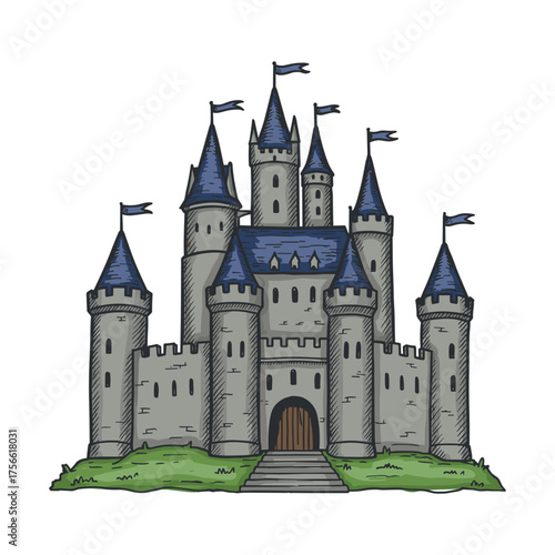 Detailed hand-drawn illustration of a medieval castle with multiple towers and blue pointed roofs, featuring flags atop each spire. Vector illustration