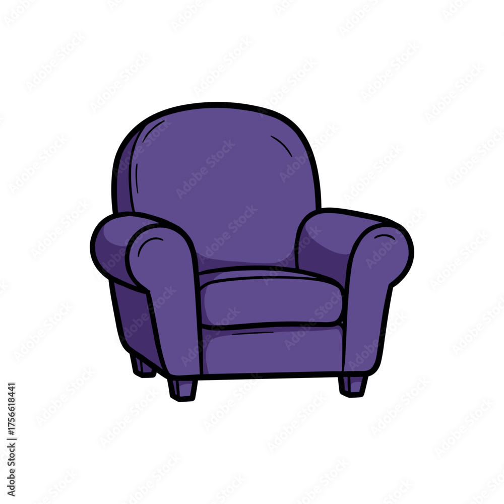 Fototapeta premium Purple upholstered armchair with rounded backrest and cushioned seat, designed in a cartoon style for comfort and relaxation. Vector illustration