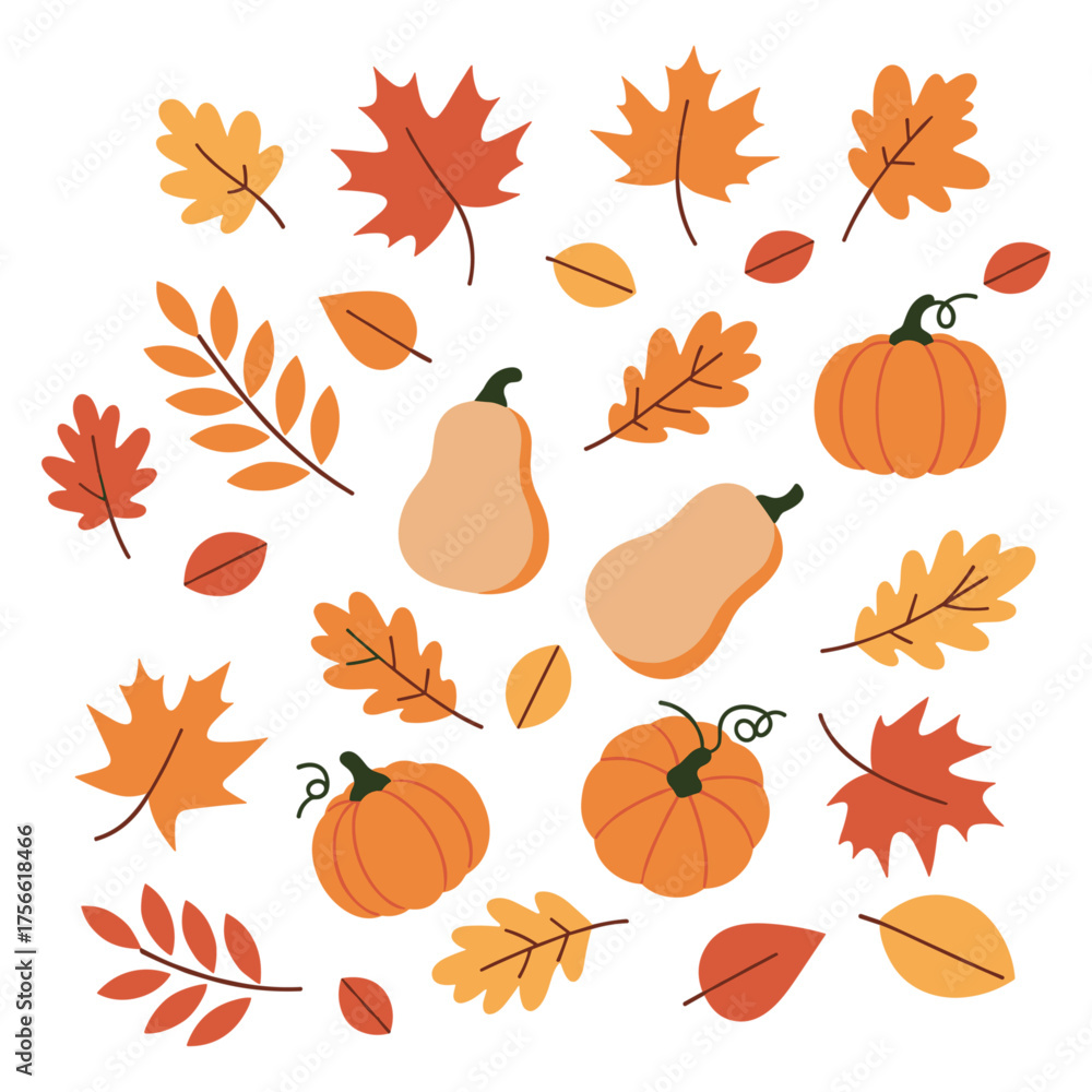 Naklejka premium Autumn-themed arrangement of pumpkins, gourds, and colorful fall leaves in various shades of orange and red. Vector illustration