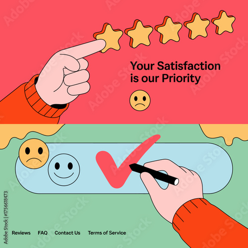 The image represents the priority of customer satisfaction, featuring star ratings, emoticons, and a visual emphasis on quality service and positive interactions for users.