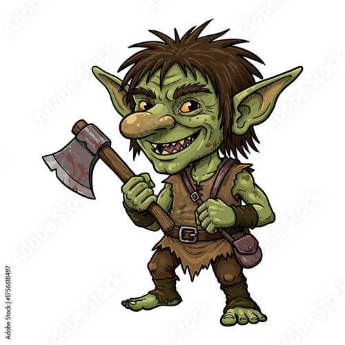 Cartoon goblin character with green skin holding an axe, wearing a brown tunic and bag, showcasing a mischievous smile. Vector illustration