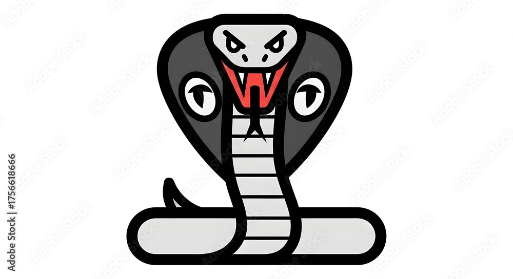Fototapeta premium Stylized illustration of a fierce cobra snake head with a flared hood and bared fangs.