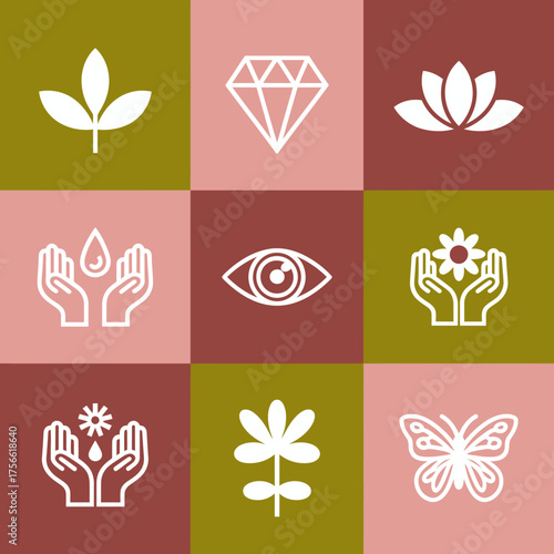 A unique collection of artistic symbols representing nature, showcasing elements like flowers and droplets that embody elegance and a refreshing sensation of life and growth.