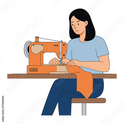 Young asian female using an orange sewing machine while stitching fabric at a table, concentrating on her work. Vector illustration